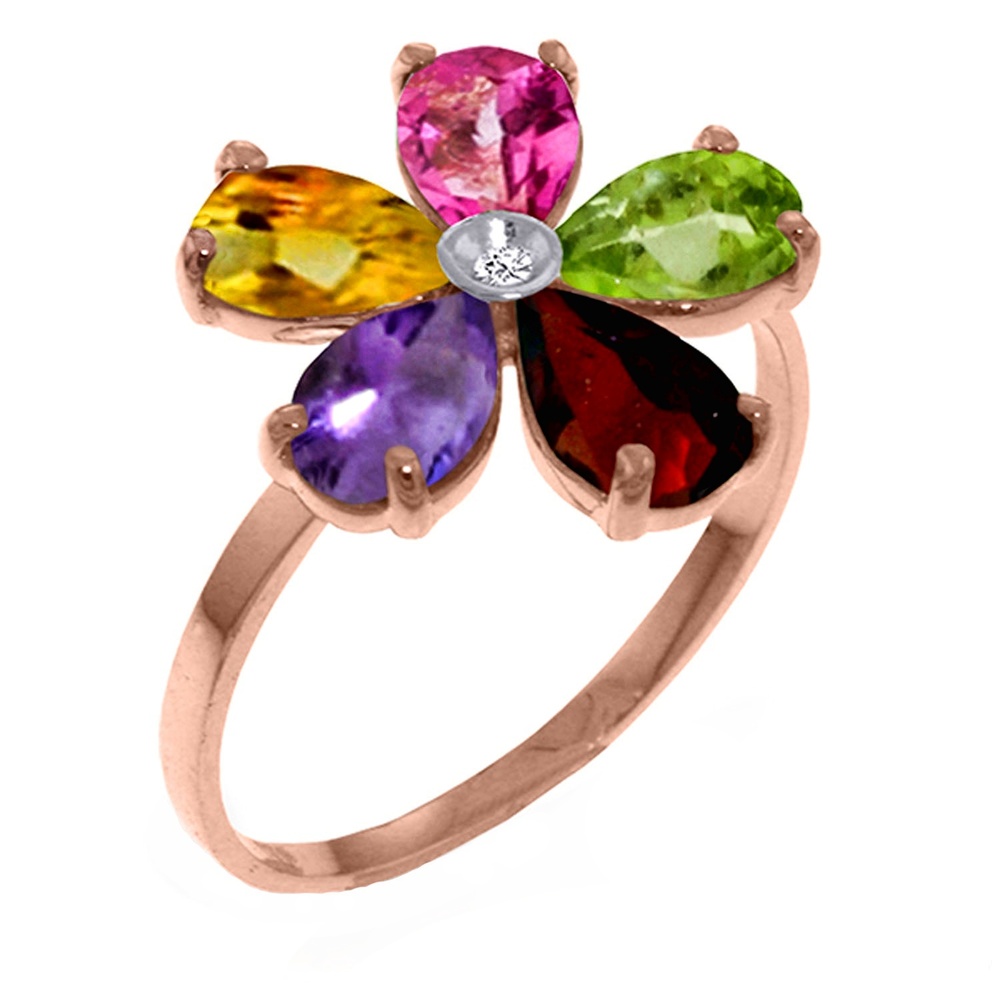 14K. SOLID GOLD RING WITH NATURAL DIAMOND & MULTI GEMS (Rose Gold)